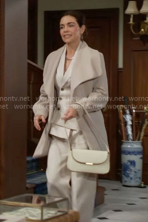 Victoria's off-white asymmetric suit on The Young and the Restless