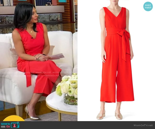 Dr. Tara Narula’s red v-neck tie waist jumpsuit on GMA Dr. Tara Narula’s red v-neck tie waist jumpsuit on GMA