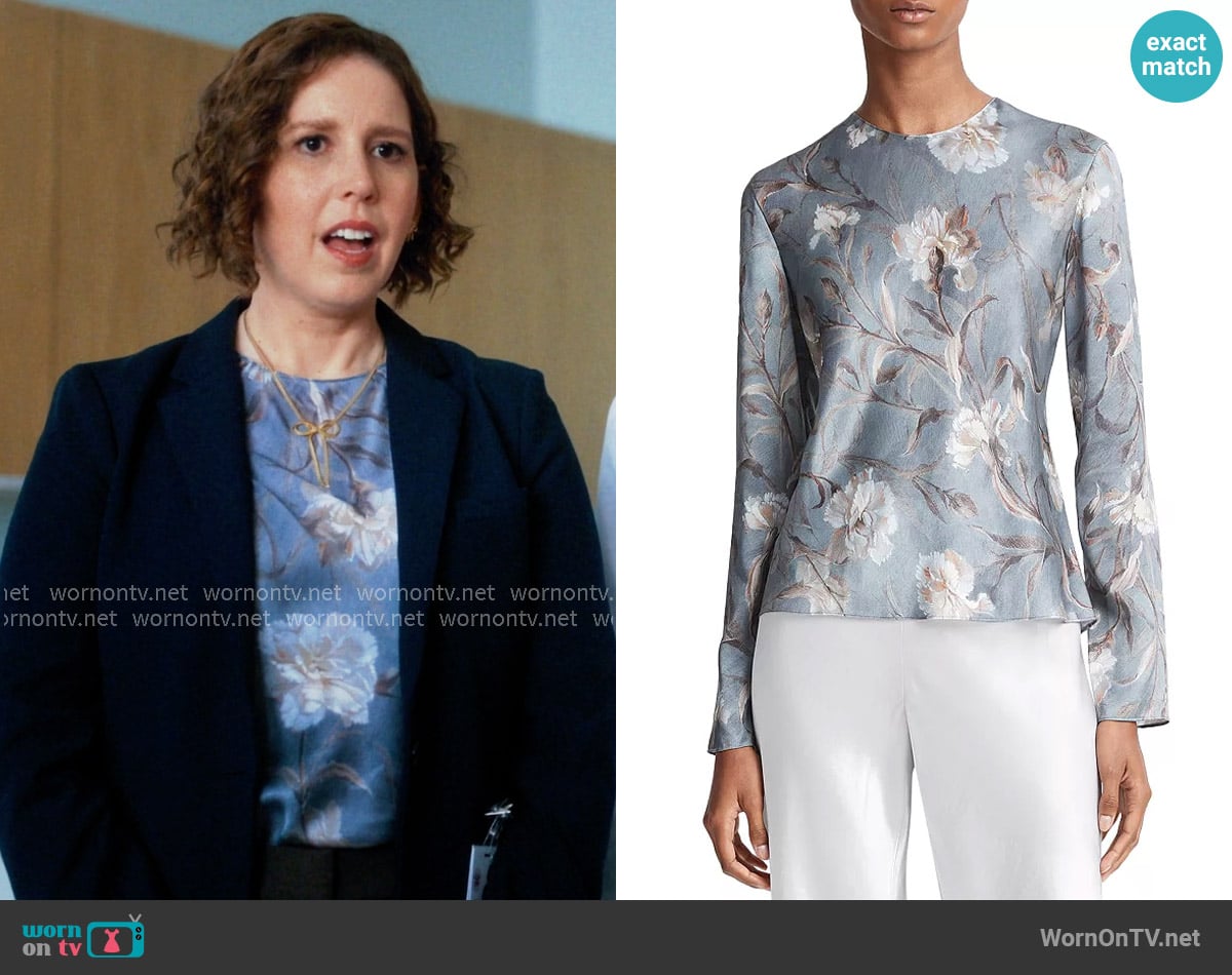 Vince Night Carnation Silk Top in Iris Smoke worn by Sibby Wilson (Vanessa Bayer) on Scrubs