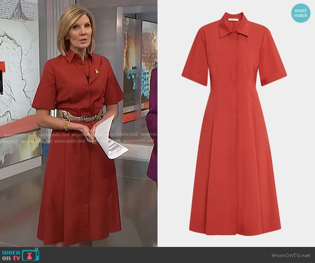 Vince Short-Sleeve Midi Shirtdress in Red worn by Kate Snow on NBC News Daily