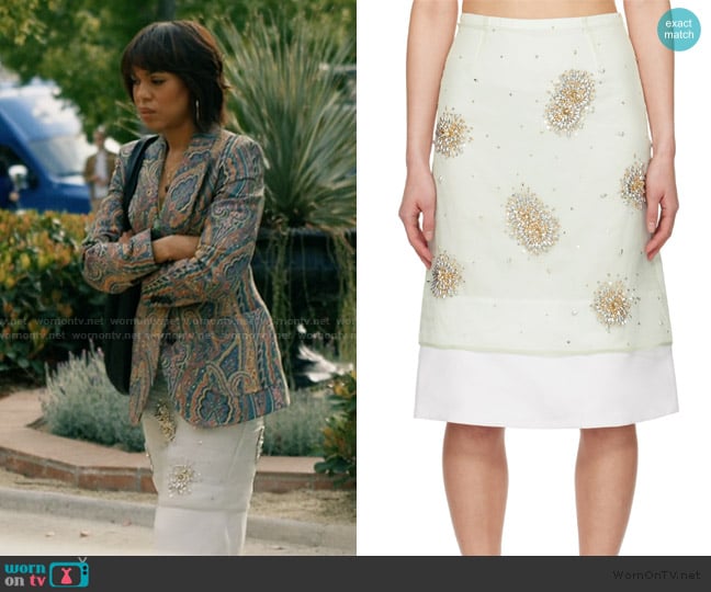 Wales Bonner Green Triumph Embroidered Midi Skirt worn by Eleanor (Kerry Washington) on Imperfect Women