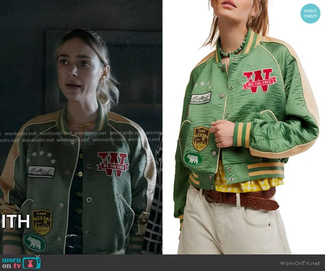 We The Free Star Power Souvenir Jacket in Vintage Green Combo worn by Tia (Bayley Corman) on 9-1-1