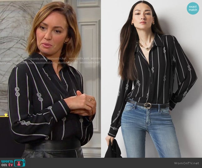 White House Black Market Soft Shirt in Rope Black And Ecru worn by Gwen Rizczech (Emily O'Brien) on Days of our Lives
