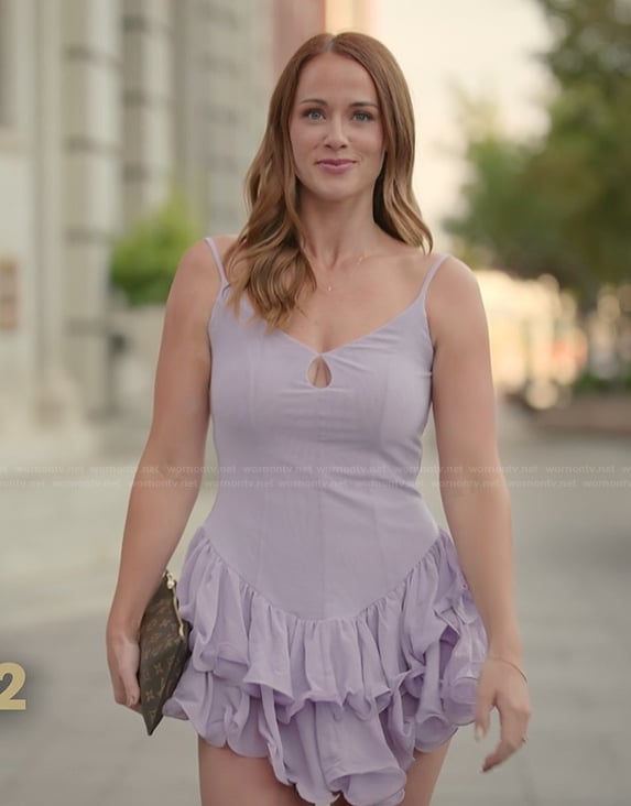 Whitney’s lavender ruffle mini dress on The Secret Lives of Mormon Wives