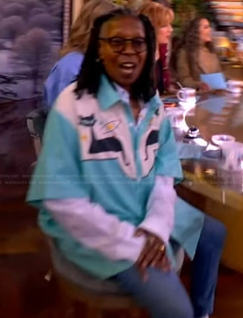 Whoopi’s blue cat embroidered shirt on The View