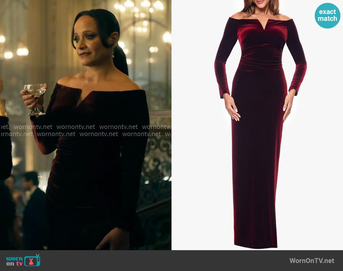 Xscape Off the Shoulder Long Sleeve Velvet Gown worn by Selena (Judy Reyes) on High Potential