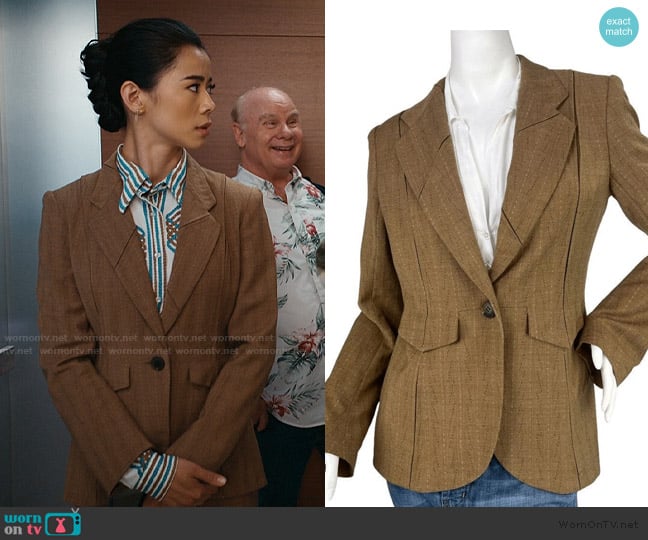 Yigal Azrouel Golden Tan Wool Blend Blazer with Woven Pattern worn by Sarah Franklin (Leah Lewis) on Matlock