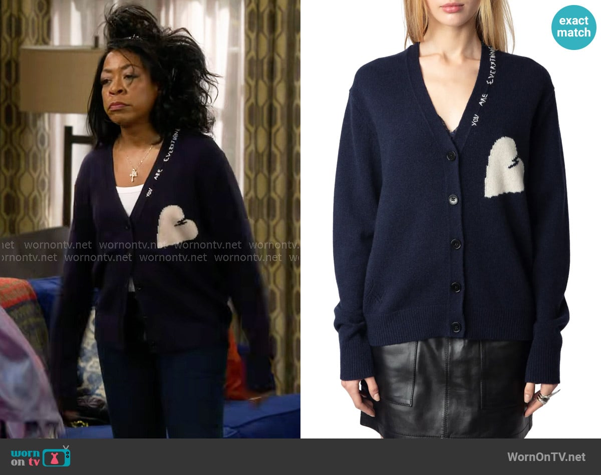 Zadig & Voltaire Travia You Are Everything Heart Cashmere Cardigan  worn by Tina Butler (Tichina Arnold) on The Neighborhood