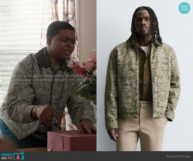 Zara Abstract Jacquard Quilted Jacket in Green Ecru worn by Harry Grant (Elijah M. Cooper) on 9-1-1