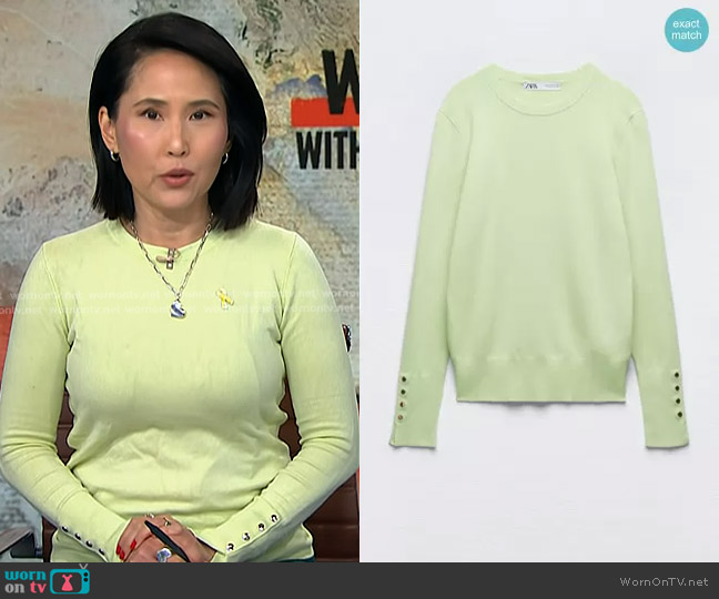 Zara Basic Knit Sweater in Apple Green worn by Vicky Nguyen on NBC News Daily