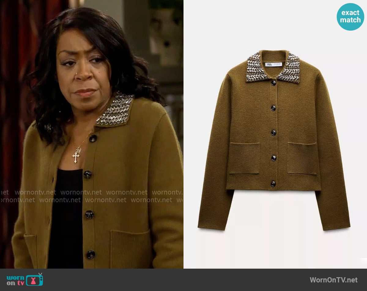 Zara Jewel Collar Cardigan worn by Tina Butler (Tichina Arnold) on The Neighborhood