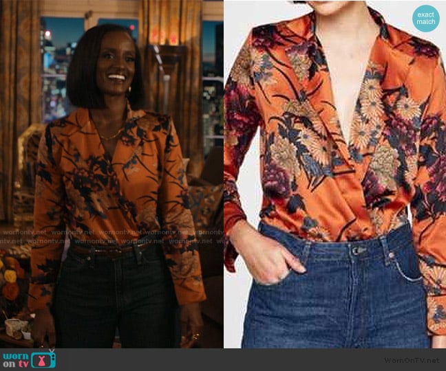 Zara Orange Floral Surplice Wrap Bodysuit worn by Olympia (Skye P. Marshall) on Matlock