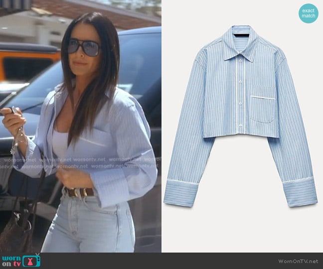 Zara Poplin Striped Lapel Collar Cropped Shirt worn by Kyle Richards on The Real Housewives of Beverly Hills