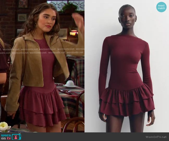 Zara Short Ruffled Dress in Burgundy worn by Arianna Horton (Marissa Reyes) on Days of our Lives