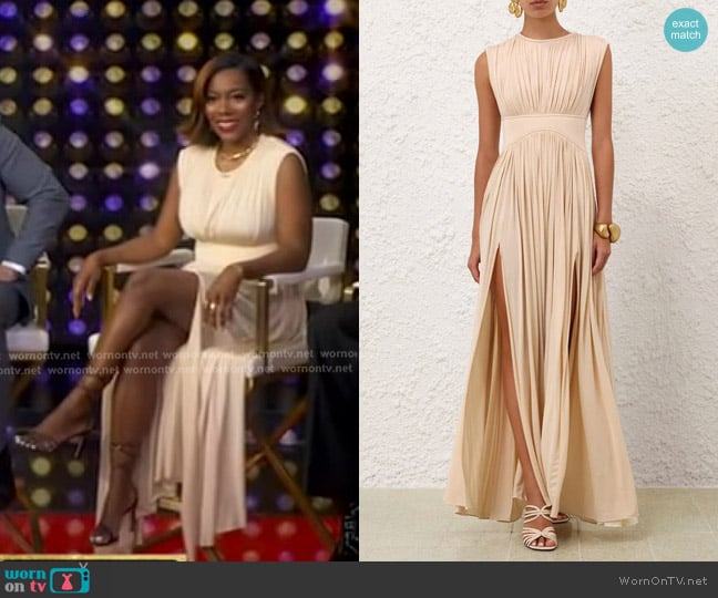 Tiffany Reid’s beige gathered dress on GMA