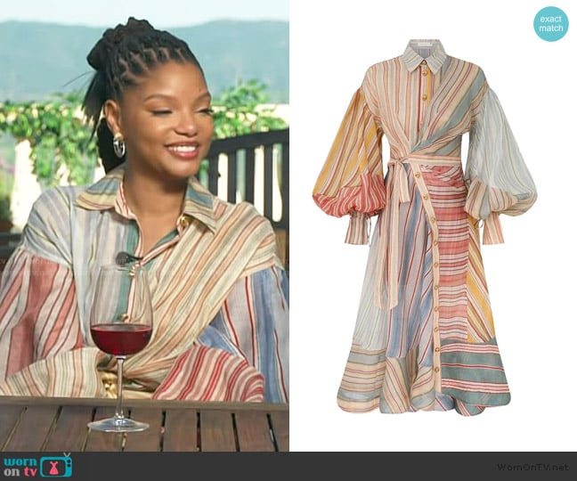 Zimmermann Rebellion Striped Midi Dress worn by Halle Bailey on Access Hollywood