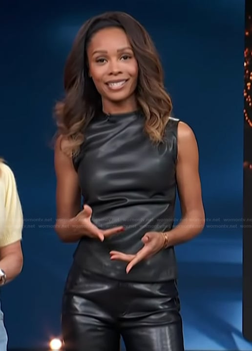 Zuri’s black leather gathered top on Access Hollywood