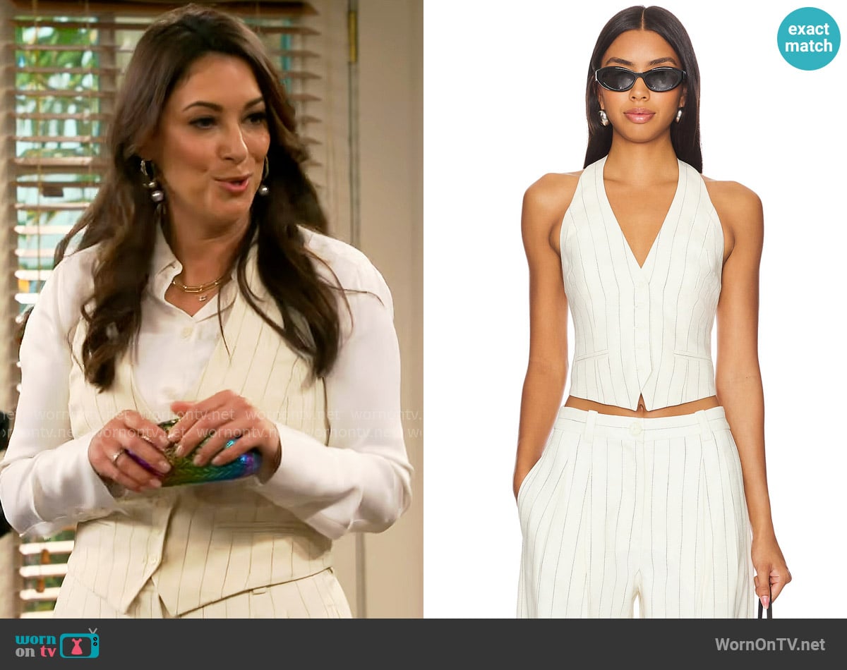 A.L.C. Woodson Vest in Cream & Black Stripe worn by Lisa Chatsworth (Angelique Cabral) on The Neighborhood