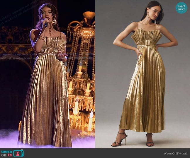 Acler Sanna Pleated Metallic Maxi Dress worn by Liv Ciara on The Voice