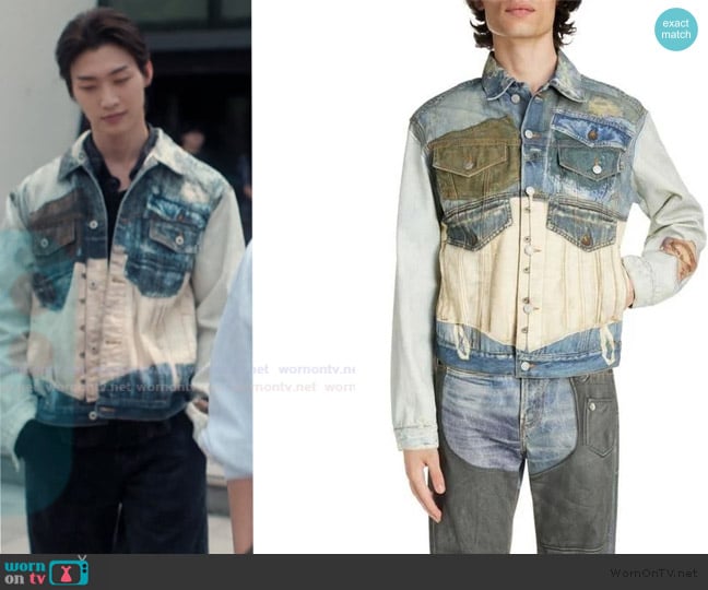 Acne Studios Trompe L'Oeil Corseted Patchwork Denim Jacket worn by Min Ho Moon (Sang Heon Lee) on XO Kitty