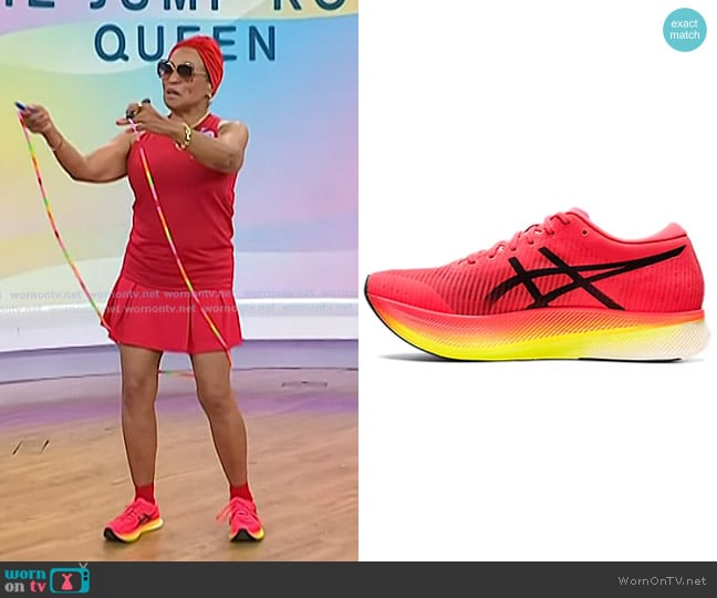 Adidas Metaspeed Sky Sneakers in Performance Red Yellow worn by Annie Judis on Today
