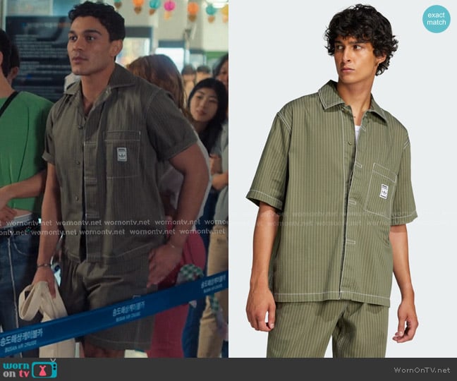 Adidas Wabash Shirt in Olive Strata worn by Quincy Shabazian (Anthony Keyvan) on XO Kitty