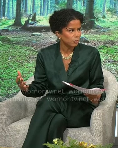 Adriana Diaz's dark green satin suit on CBS Mornings