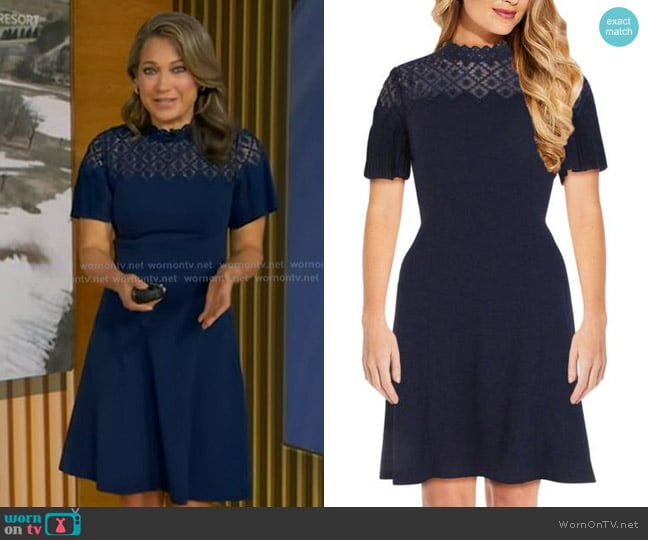 Adrianna Papell Crepe Fit and Flare with Lace Dress worn by Ginger Zee on Good Morning America