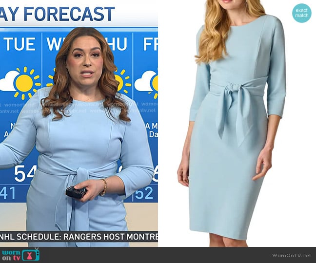 Adrianna Papell Tie Waist Crepe Sheath Dress in Blue Mist worn by Violeta Yas on Today