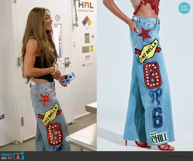 Akira Check It Out Oversized Patch Jeans worn by Liz McGraw on The Real Housewives of Rhode Island