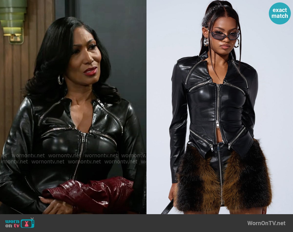 Akira Zippie Faux Leather Zip Up worn by Dana 'Leslie' Thomas (Trisha Mann-Grant) on Beyond the Gates