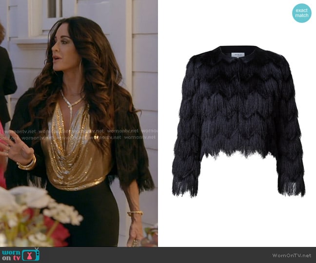 Akris Punto Cropped Fringe Jacket worn by Kyle Richards on The Real Housewives of Beverly Hills