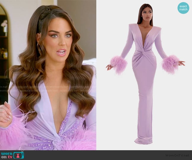 Albina Dyla Deep V-neck Ctystal Long Dress worn by Rosie DiMare on The Real Housewives of Rhode Island