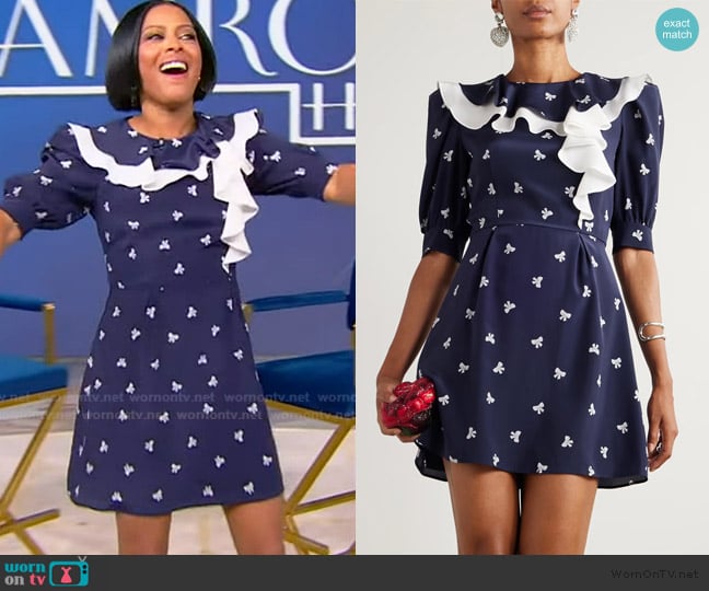 Alessandra Rich Ruffled pleated printed silk mini dress worn by Tamron Hall on Tamron Hall Show