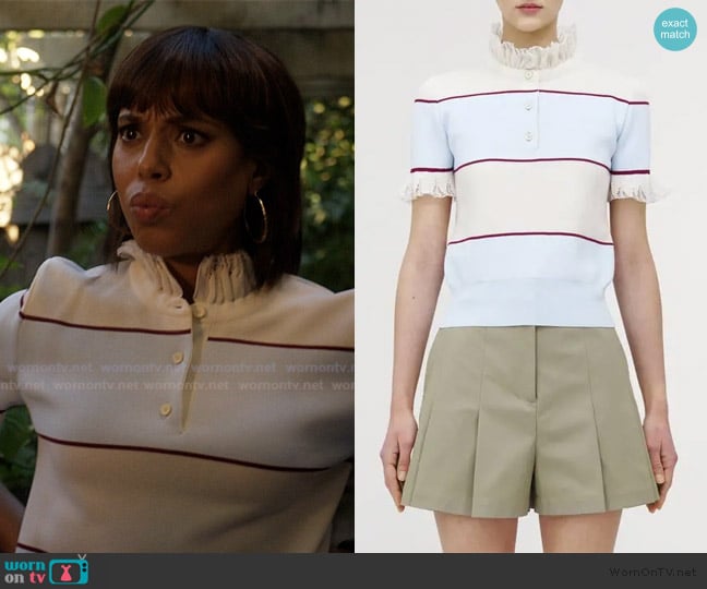 Alexander McQueen Lace-trimmed striped polo shirt worn by Eleanor (Kerry Washington) on Imperfect Women