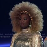Alexia Jayy’s metallic green cape dress on The Voice