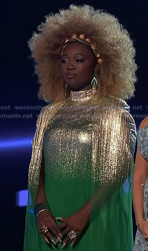 Alexia Jayy’s metallic green cape dress on The Voice
