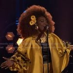 Alexia Jayy’s yellow feather trim coat on The Voice