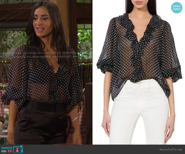 Alice + Olivia Betsie Polka Dot Print Top worn by Gabi Hernandez (Cherie Jimenez) on Days of our Lives