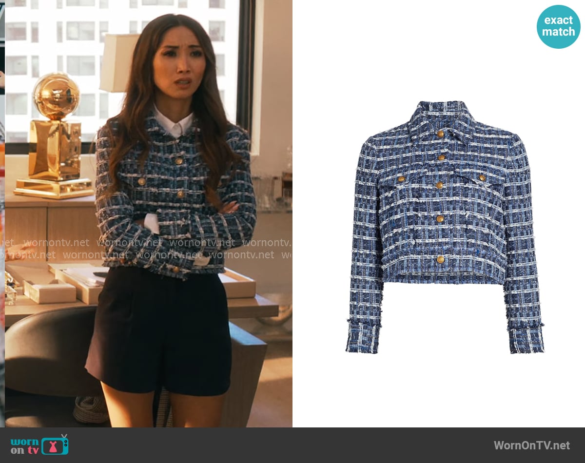 Alice + Olivia Chloe Tweed Boxy Crop Jacket worn by Ali Lee (Brenda Song) on Running Point