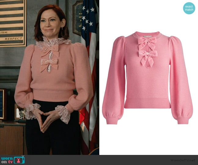 Alice + Olivia Doris puff-sleeve bow sweater worn by Elsbeth Tascioni (Carrie Preston) on Elsbeth
