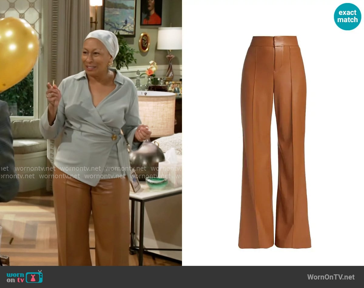 Alice + Olivia Dylan Faux Leather Pants in Camel worn by Anita Dupree (Tamara Tunie) on Beyond the Gates