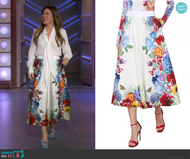 Alice + Olivia Earla Floral Flared Midi Skirt worn by Kelly Clarkson on The Kelly Clarkson Show
