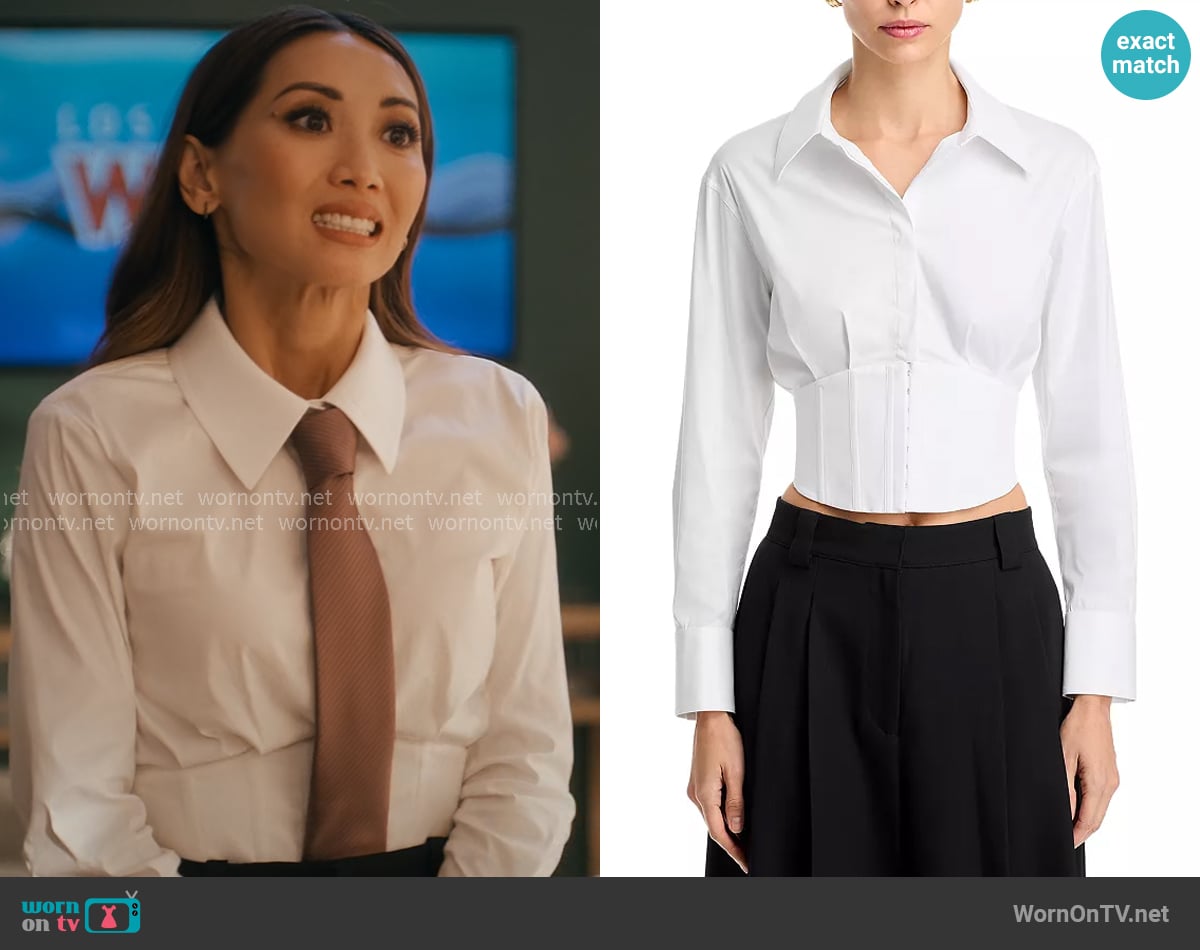Alice + Olivia Edie Corset Button Down Top worn by Ali Lee (Brenda Song) on Running Point