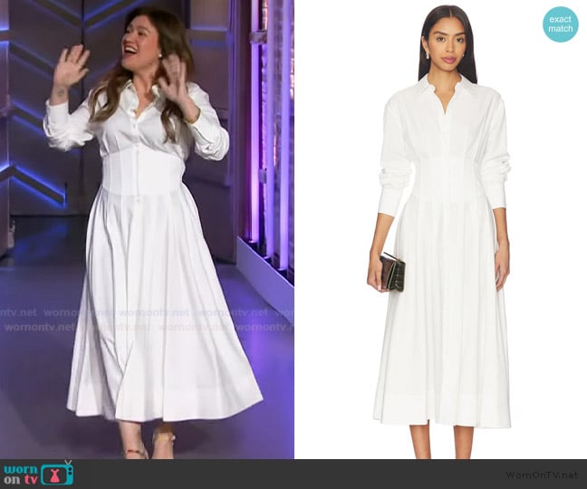Alice + Olivia Edie Corset Button-Front Midi Shirtdress worn by Kelly Clarkson on The Kelly Clarkson Show