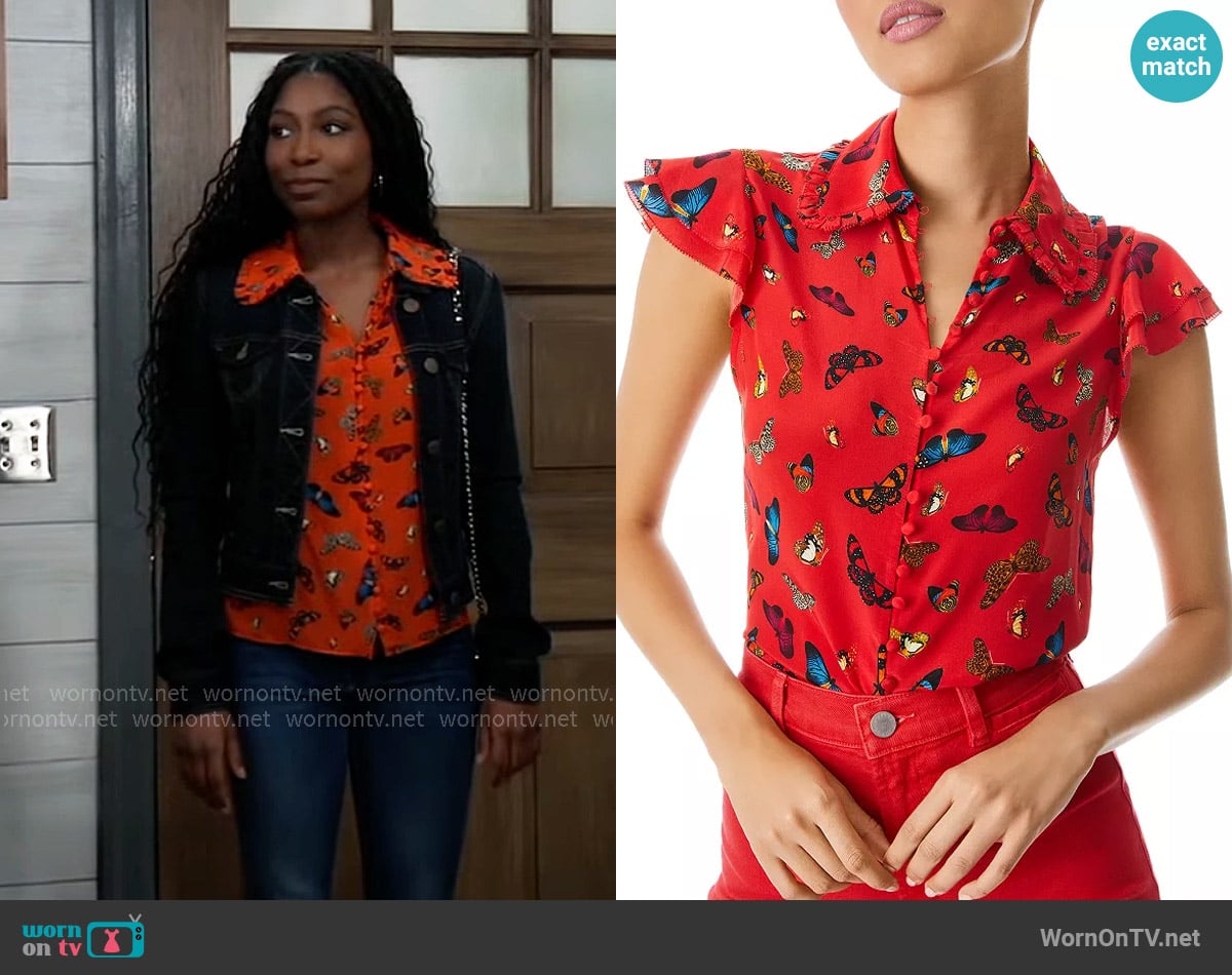 Alice + Olivia Martel Butterfly Print Silk Top worn by Trina Robinson (Tabyana Ali) on General Hospital