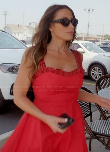 Alicia's red ruffle trim dress on The Real Housewives of Rhode Island