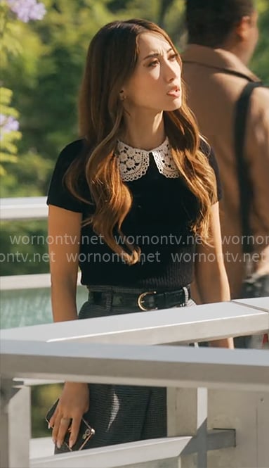 Ali's black crochet collar top on Running Point