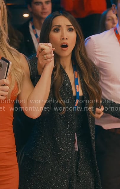 Ali's black tweed outfit on Running Point