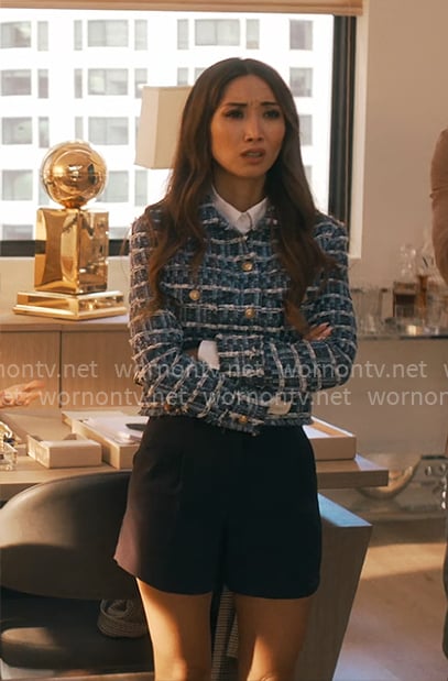 Ali's blue tweed jacket on Running Point